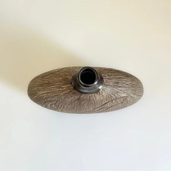 Decorative Ceramic Flat Round Brown Carved Vase - Picture 3 of 6